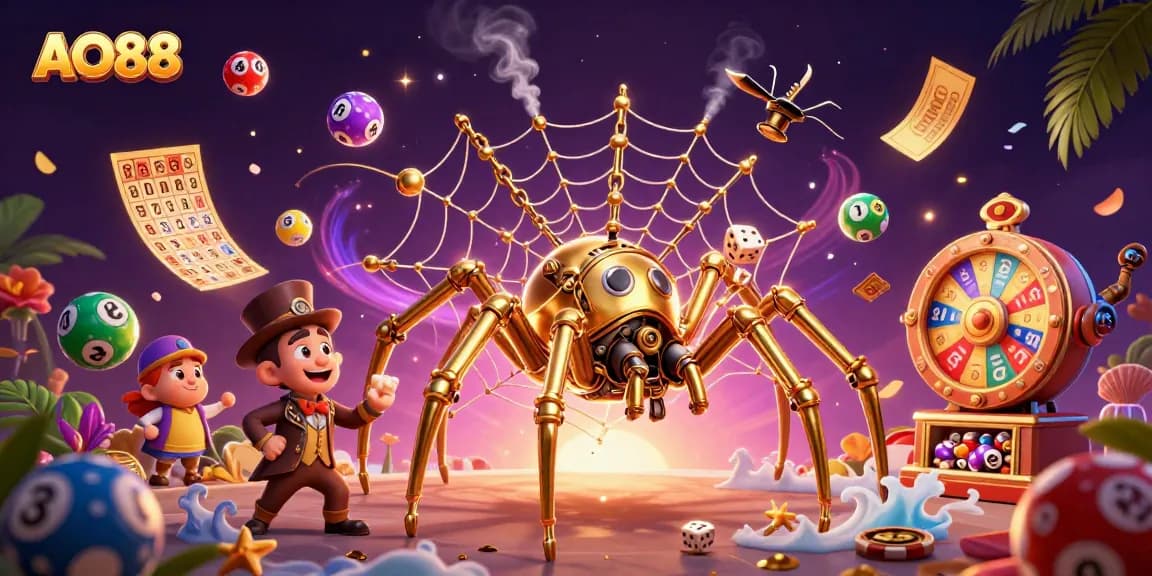 Catch exciting wins on AO88 with a vibrant, dynamic casino scene of a web catcher and playful games.