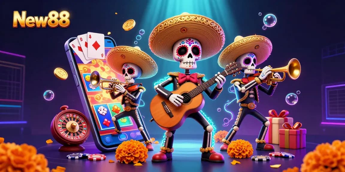 Experience the vibrant energy of New88 with a 3D illustration featuring a lively mariachi band and exciting casino elements.