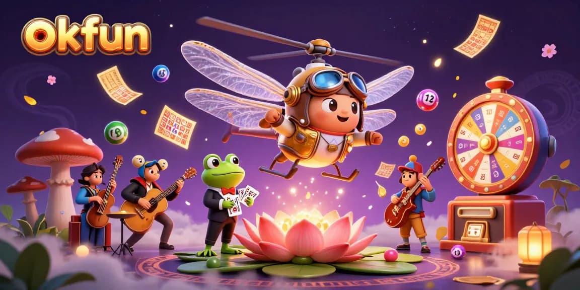 Join the excitement of okfun with a dynamic casino illustration featuring vibrant characters and gambling elements.