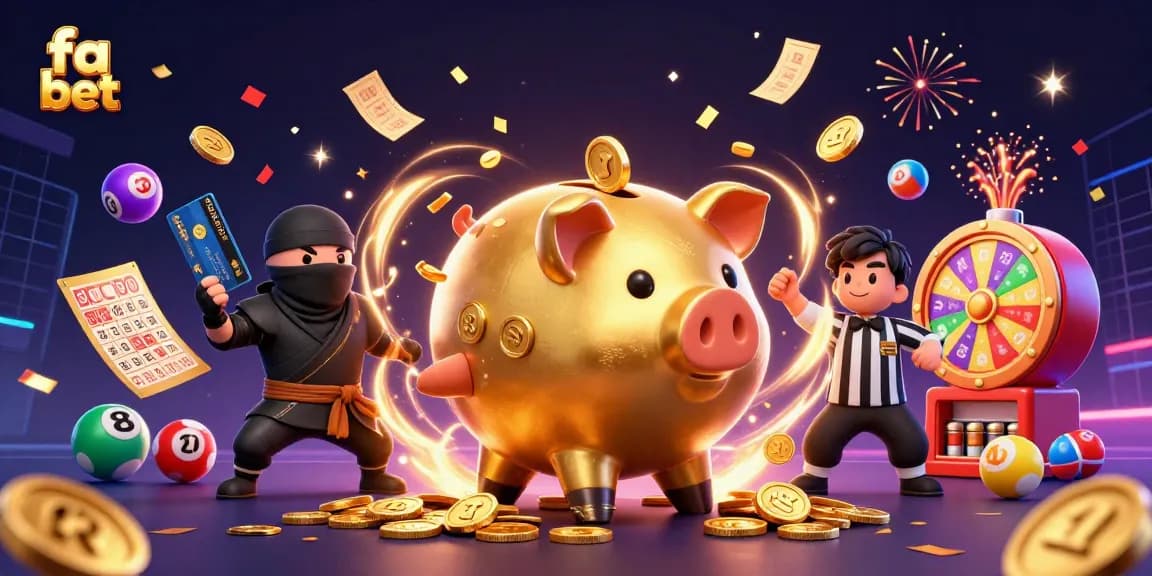 Engage with exhilarating fa bet action featuring a golden piggy bank sumo wrestler amid colorful casino elements.
