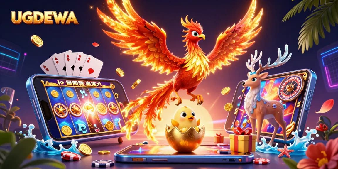 Play and win exciting games like slots at UGDEWA, featuring a vibrant 3D phoenix scene.