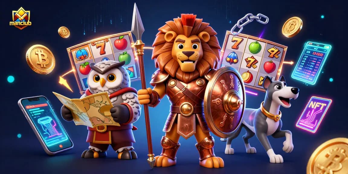 Win big with manclub's vibrant gaming scene featuring an armored lion, strategic owl, and swift greyhound.