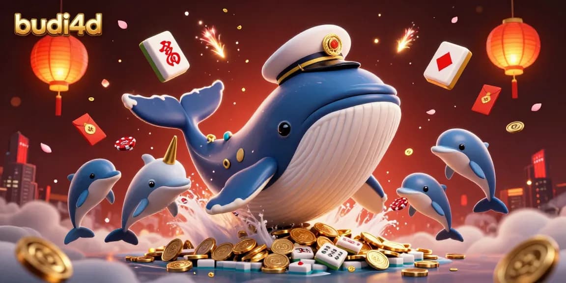 Engage in thrilling action with budi4d, featuring a cartoon whale and dolphins amidst casino-themed elements.