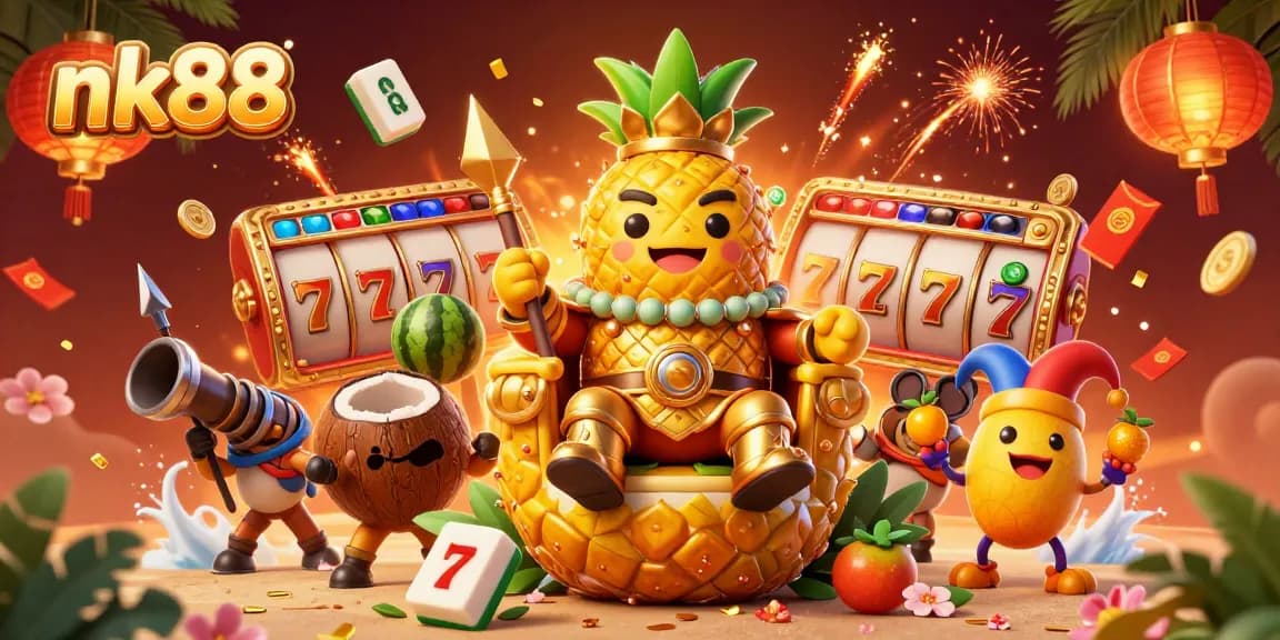 Win big with nk88 at a vibrant tropical casino featuring fun characters and dynamic gaming elements.