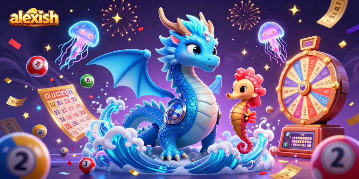 Experience the excitement of alexish with vibrant lottery balls and a magical dragon illustration.