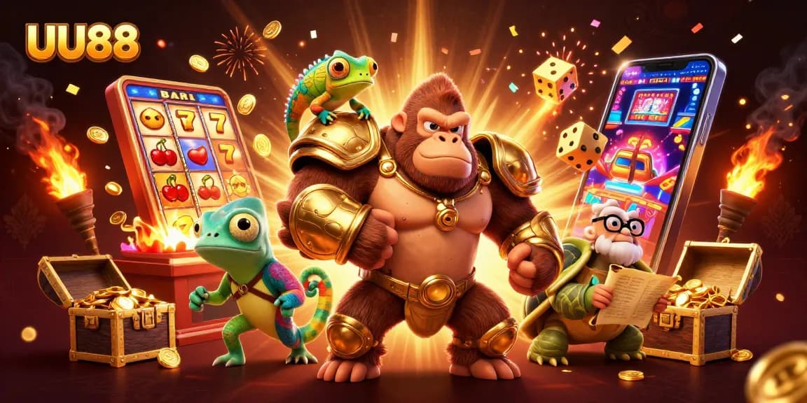 Experience the excitement of UU88 casino with a gorilla ruler, a chameleon spy, and a wise tortoise elder among vibrant game elements.
