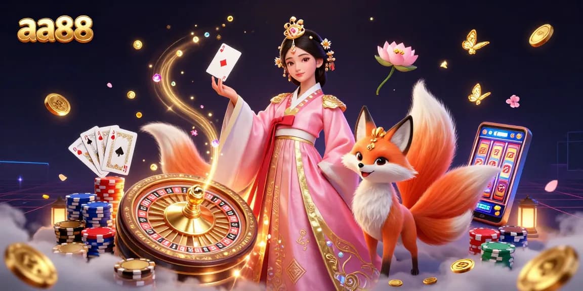 Win big with aa88 at the vibrant casino, featuring a graceful woman and lucky fox amidst dazzling game elements.
