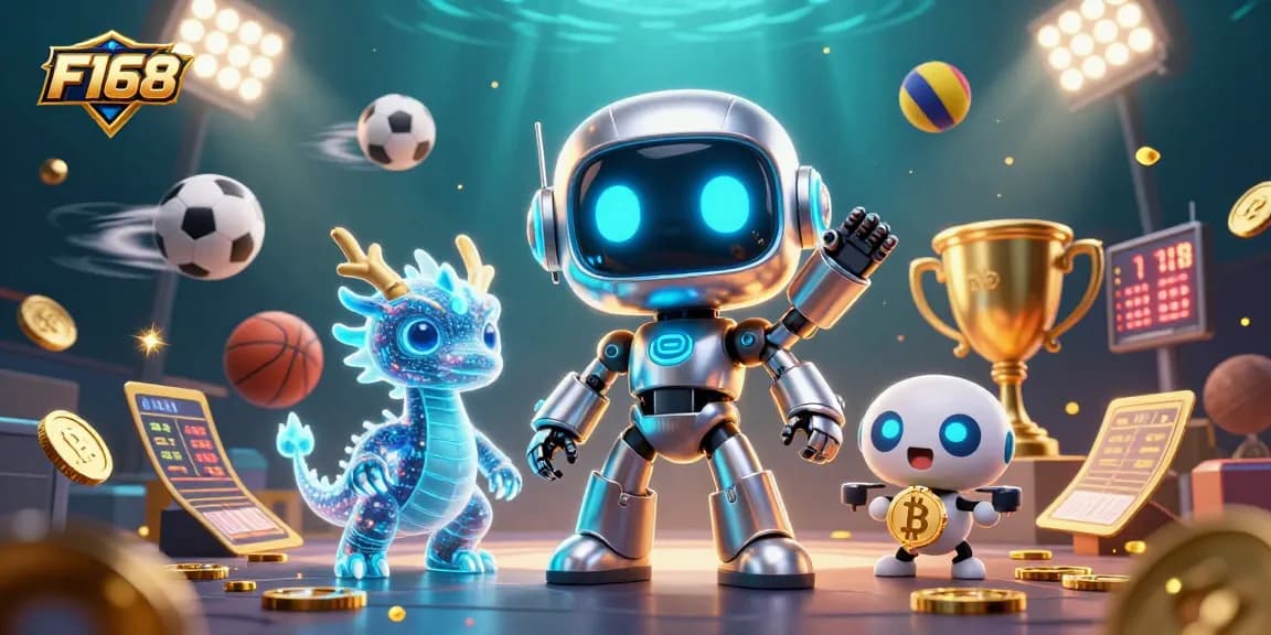 Experience the excitement of F168 with dynamic visuals of a cyberpunk robot mascot and gaming elements.
