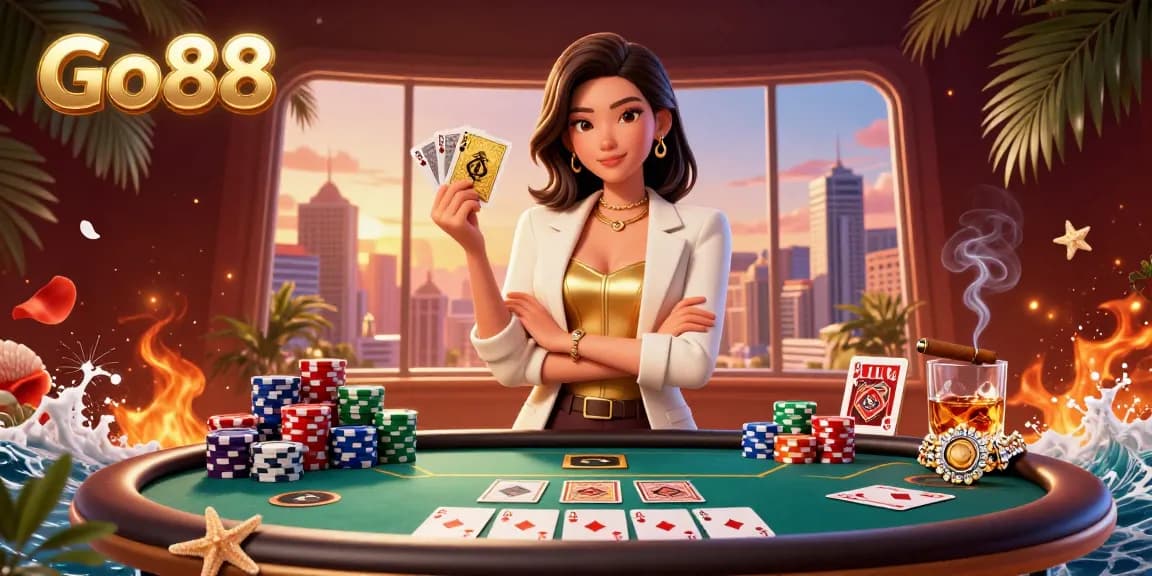 Engage in exciting gaming at Go88 with a glamorous Asian woman holding golden cards at a poker table.