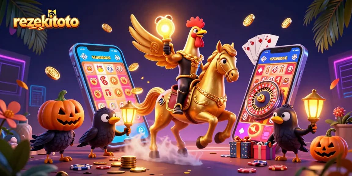 Play and win on rezekitoto with an exciting digital illustration featuring a golden rooster and casino elements.