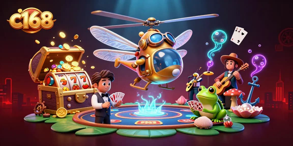 c168 casino scene with dragonfly pilot, frog dealer, and jazz musicians creating a vibrant atmosphere.