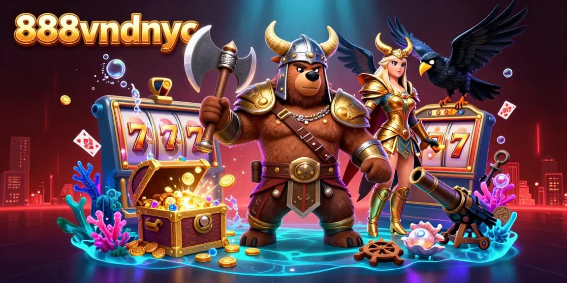 Engage in thrilling gameplay at 888vndnyc with a dynamic casino scene featuring vibrant characters and exciting gambling elements.