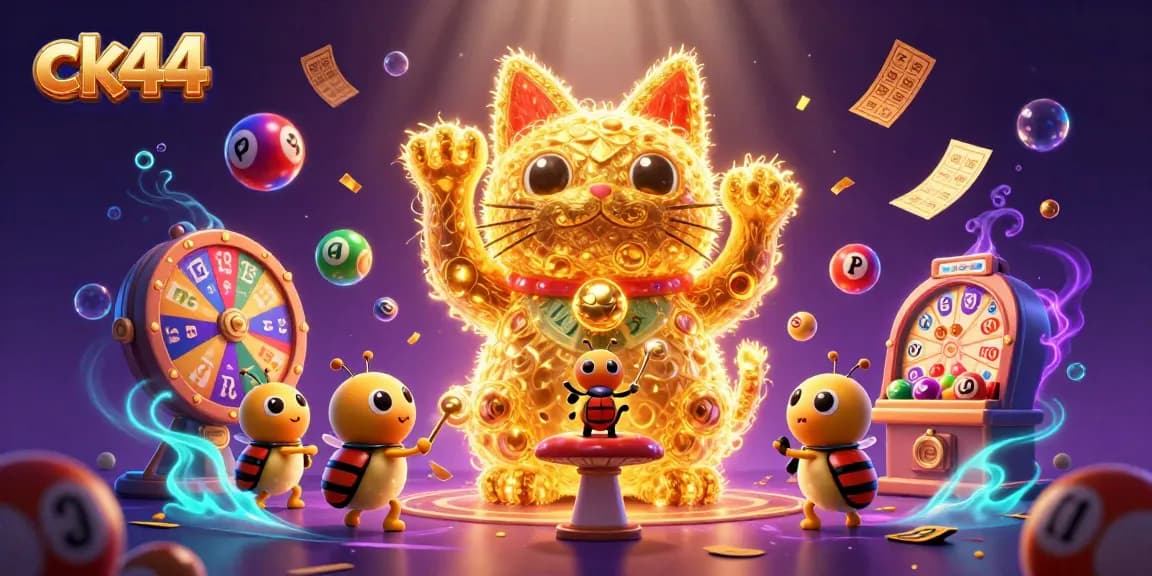 Experience thrilling moments at CK44 with a vibrant 3D lucky cat and dynamic casino symbols.