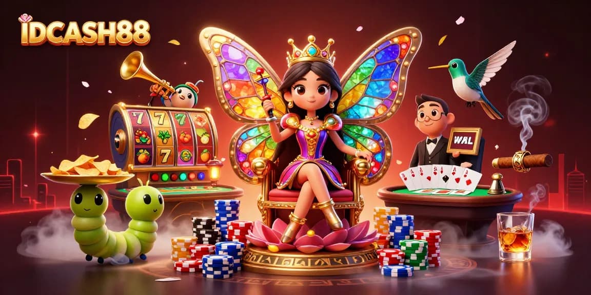 Experience the exciting world of IDCASH88 with a vibrant 3D casino scene featuring animated slot machines and engaging characters.