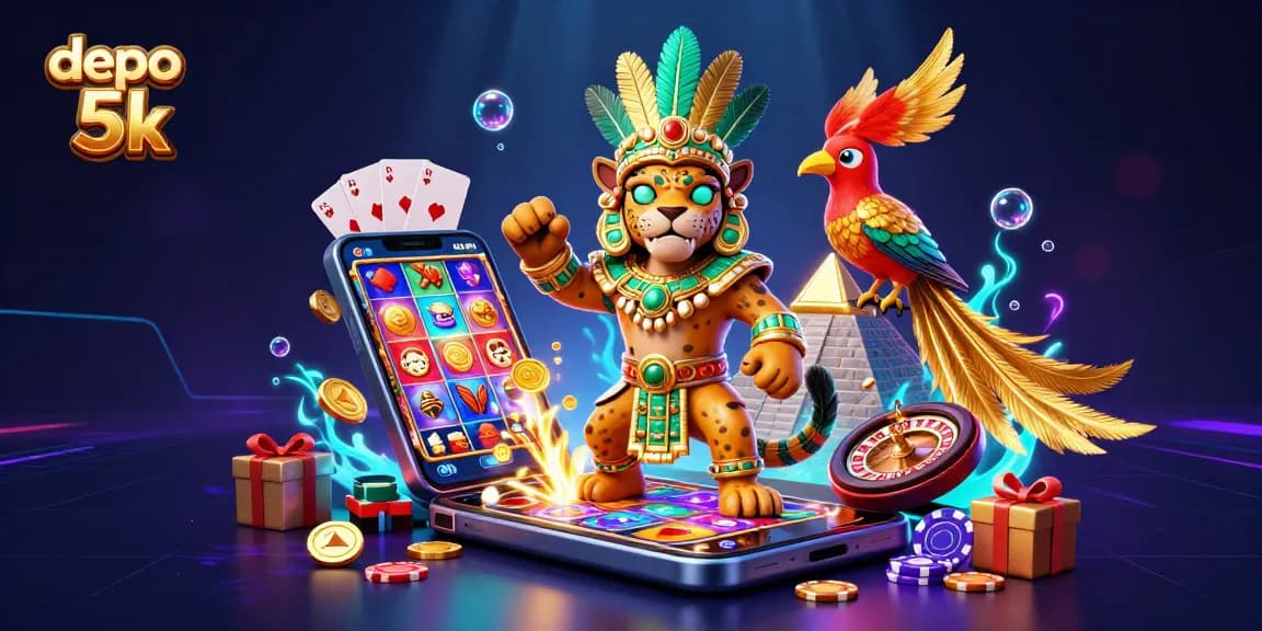 Spin the reels on depo 5k while enjoying vibrant casino-themed elements in a rich 3D illustration.