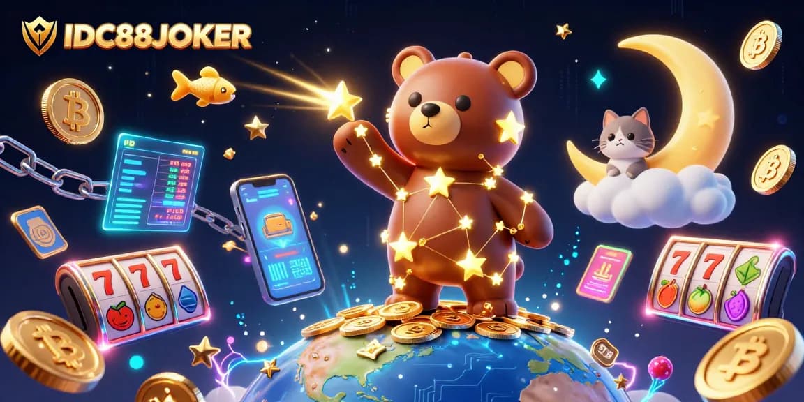 Engage with IDC88JOKER's thrilling slots scene featuring a golden constellation bear and vibrant gaming elements.