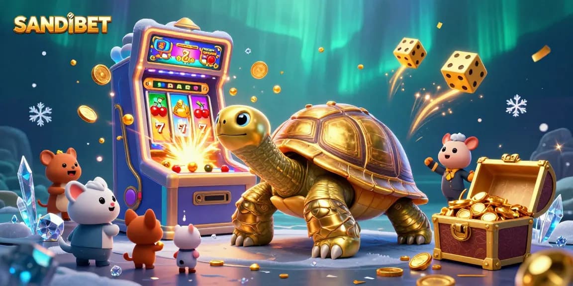 SANDIBET features a lively gaming scene with a golden tortoise and excited players in action.