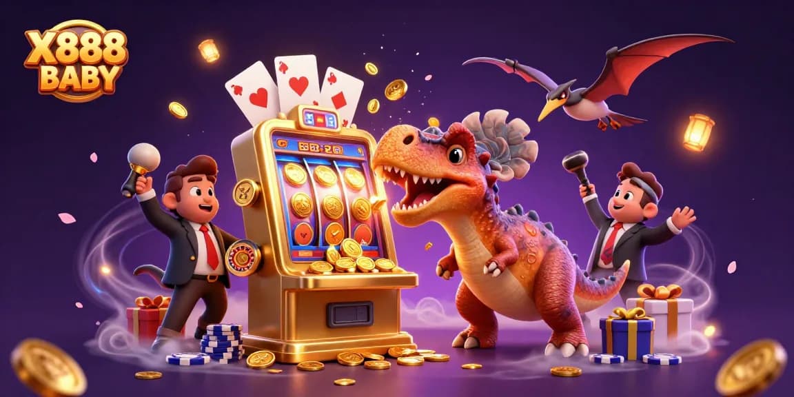 X888 BABY showcases thrilling jackpot action with vibrant slot machines and animated characters.