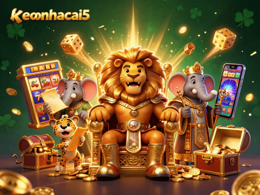 Enjoy thrilling jackpots and gaming with keonhacai5 in this vibrant 3D casino scene.
