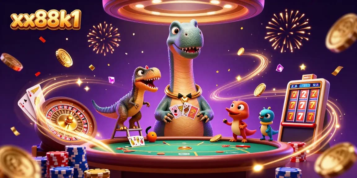 Experience the thrilling world of xx88k1 with a vibrant casino scene packed with action and excitement, showcasing a playful brontosaurus and clever raptor.