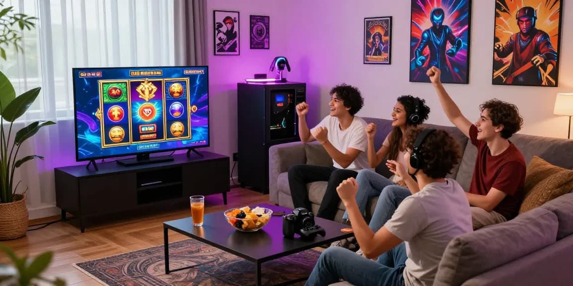 Exciting gaming moment featuring pajaktoto slot games in a cozy living room, friends enjoying together.