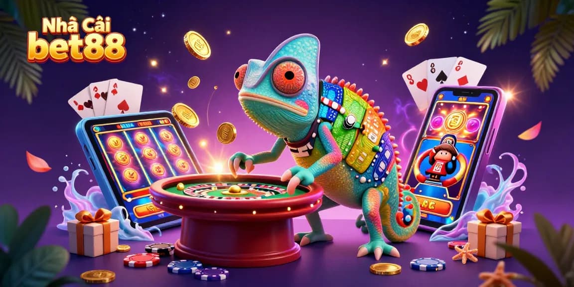 Engage with Nhà cái bet88 in a vibrant casino scene featuring an animated chameleon owner amidst dynamic game elements.