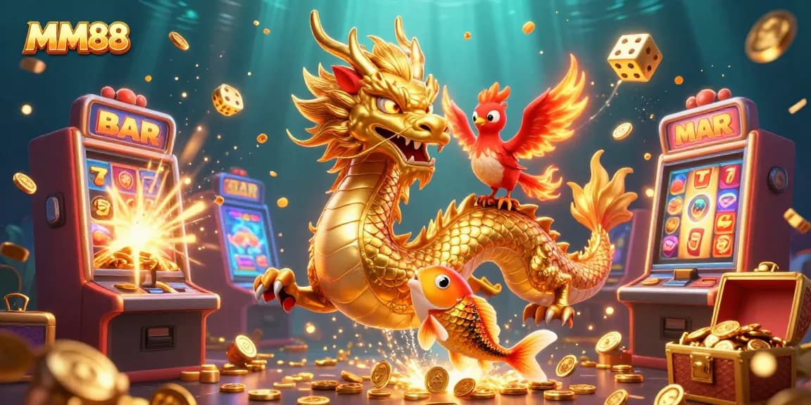 Experience MM88's colorful casino world with a dragon, phoenix, and koi fish in action.