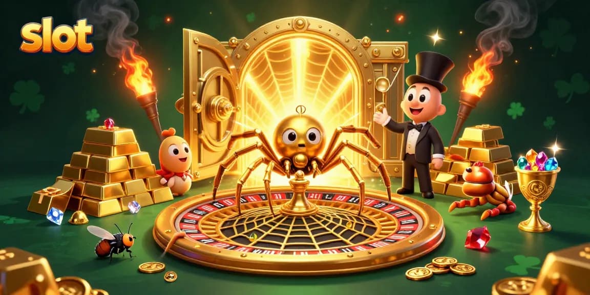 Spin the slot reels with excitement as a fly bets at a roulette wheel web in a vibrant casino scene.