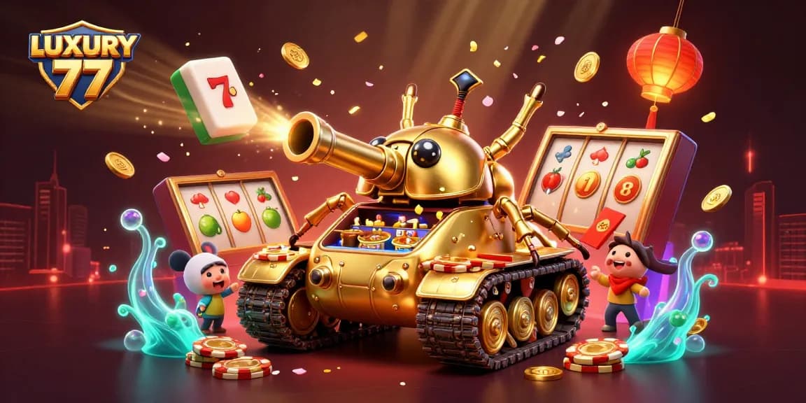 Experience LUXURY 77 through a vibrant 3D casino scene featuring slots, confetti cannons, and joyful patrons.