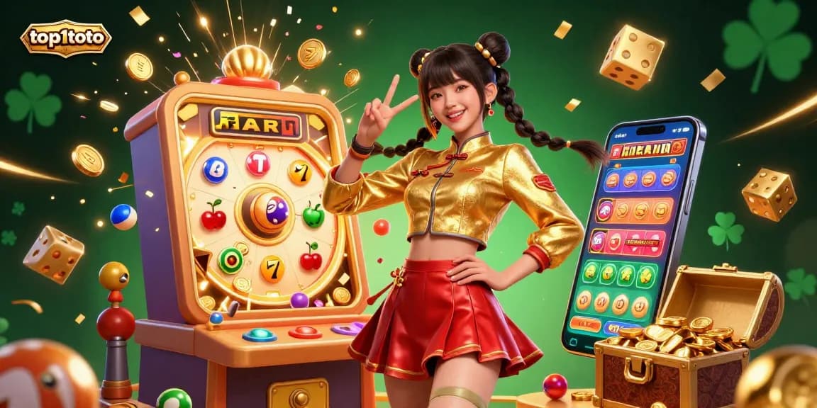 Experience thrilling wins at top1toto with vibrant 3D gaming elements like jackpots, slots, and confetti.