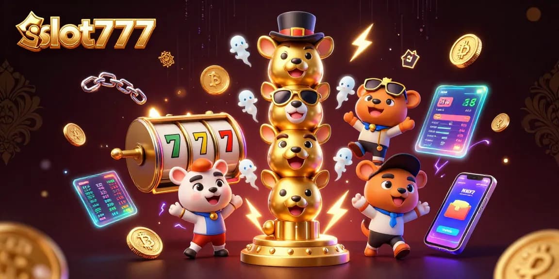 Engage with slot777 through dynamic visuals of 3D cartoon characters surrounded by vibrant casino elements.