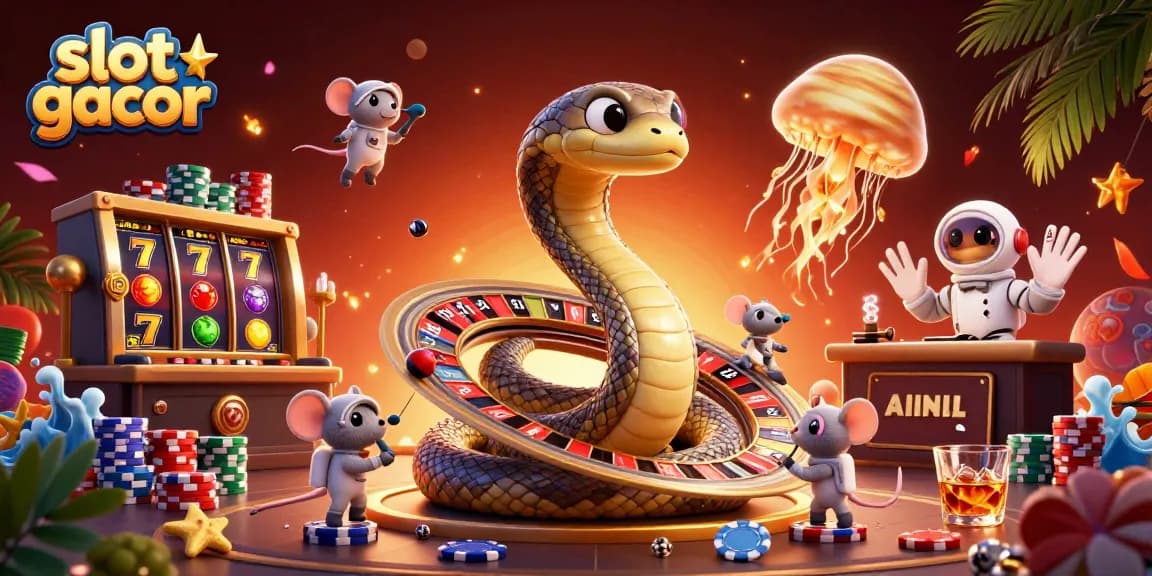 Experience slot gacor action with vibrant characters, slot reels, and colorful poker chips.