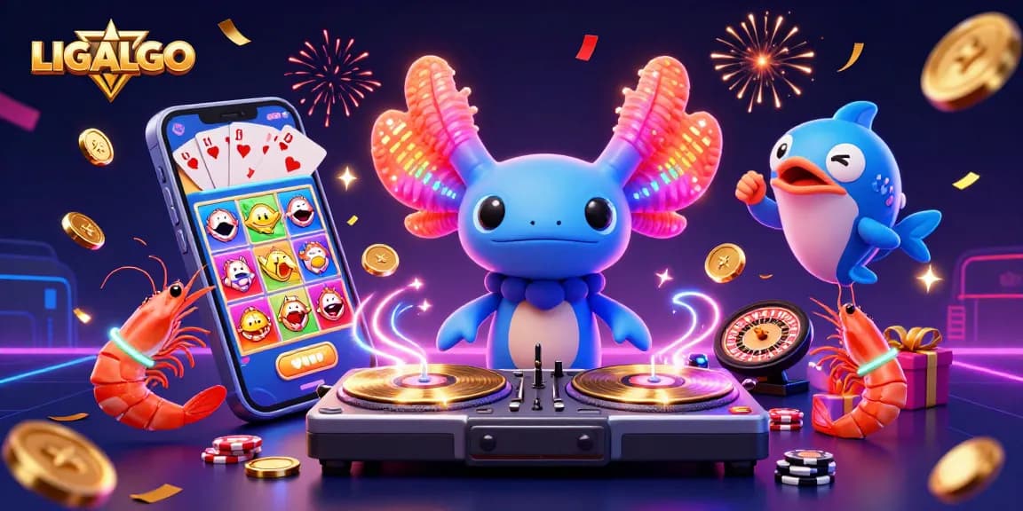 LIGALGO platform featuring vibrant 3D characters celebrating as they play slots in a lively underwater scene.