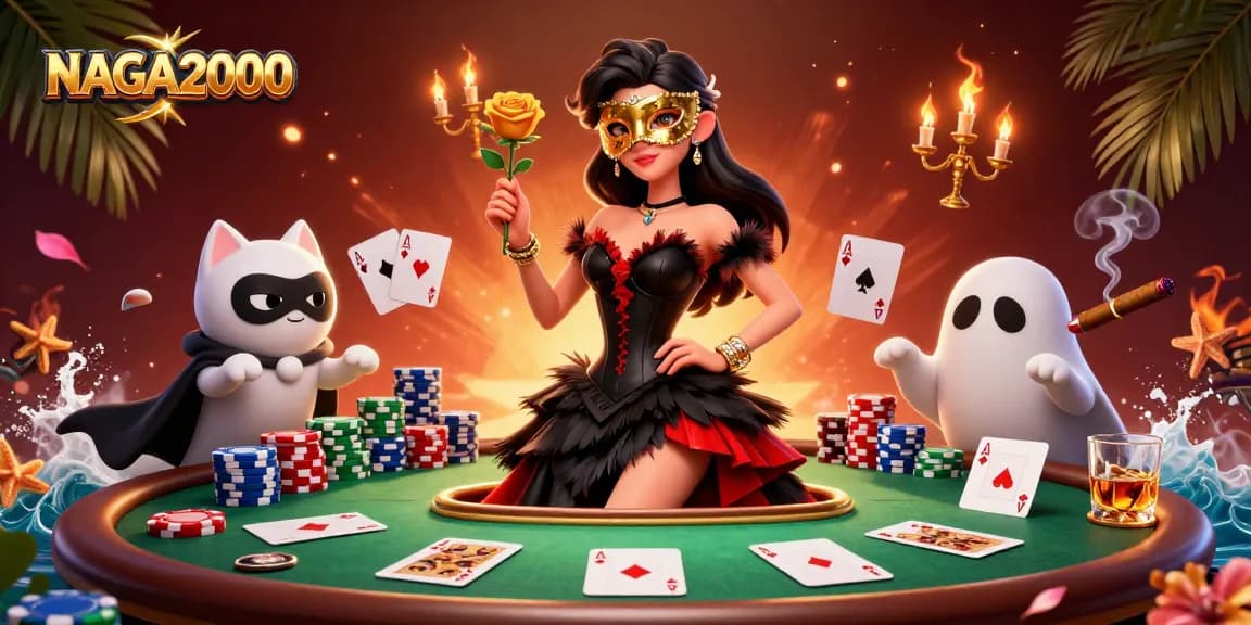 NAGA2000 menampilkan adegan poker dengan seorang wanita dalam gaun, dikelilingi oleh elemen permainan yang vibran.