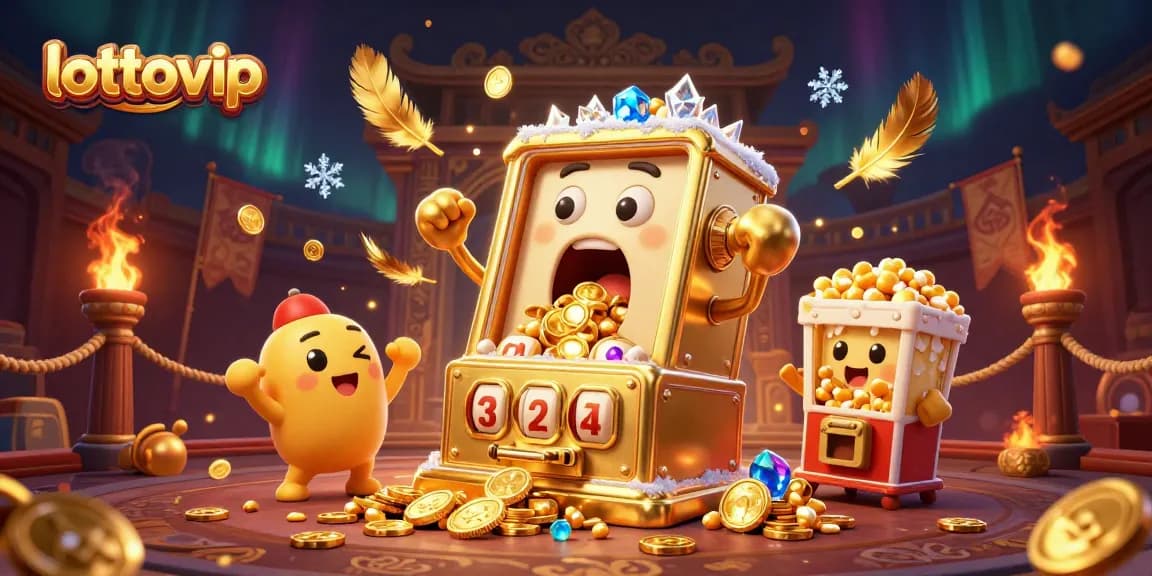 LOTTOVIP memukau dengan mesin lotere emas yang meraih jackpot dan koin berhamburan.