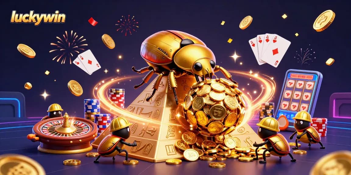 Spin to win big with luckywin as golden beetles roll in a vibrant casino scene!