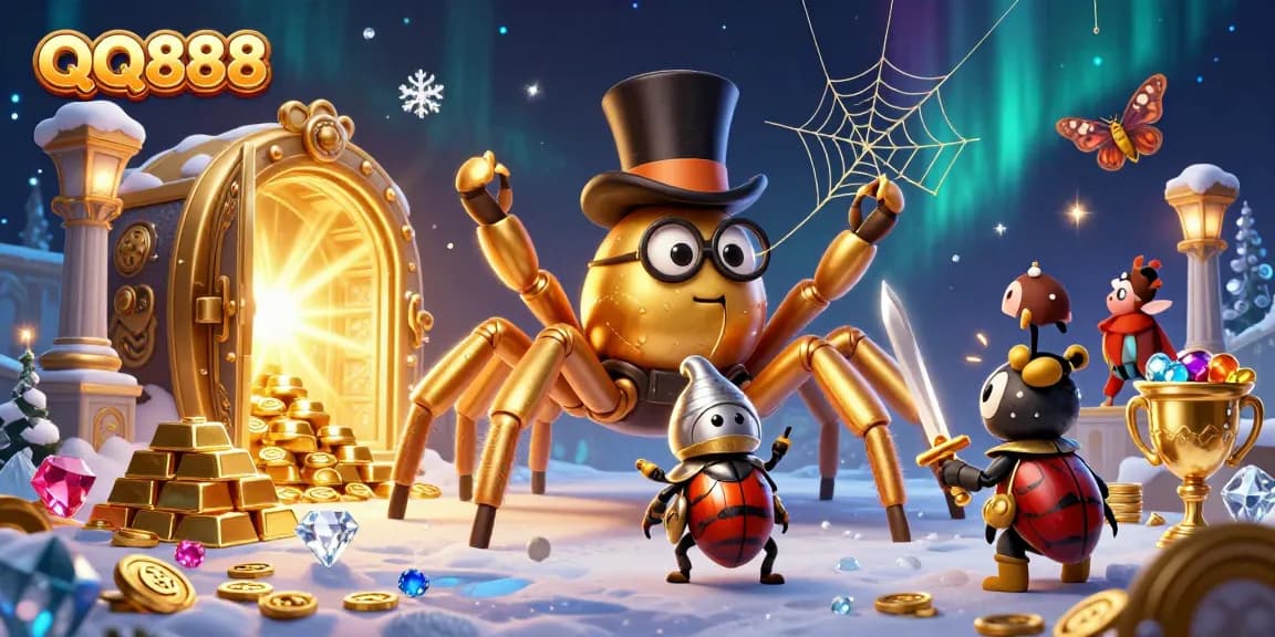 Engage in winning strategies with QQ888, featuring a golden tarantula and beetle knight in a vibrant casino setting.
