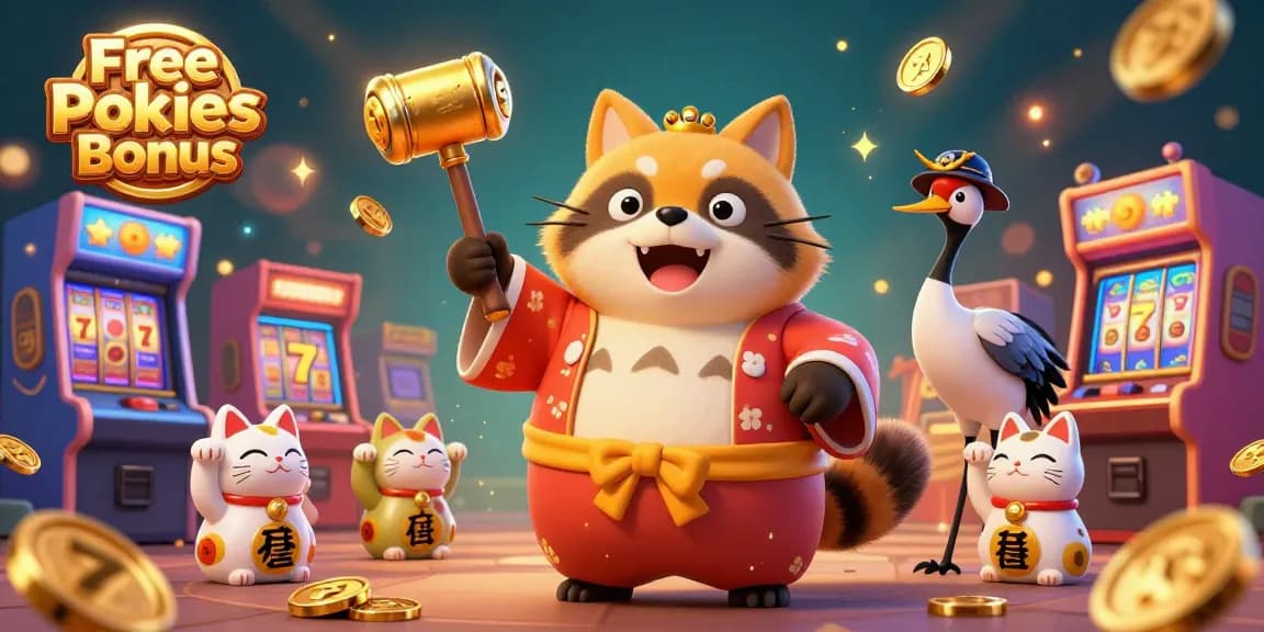 Experience the thrilling Free Pokies Bonus with a joyful tanuki and lucky cats amidst vibrant casino elements.