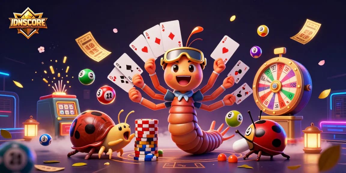 Experience excitement at IDNSCORE with vibrant lottery elements and animated casino characters.