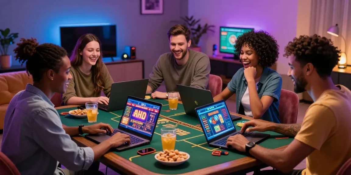 Friends having fun playing casino non AAMS games together at home.