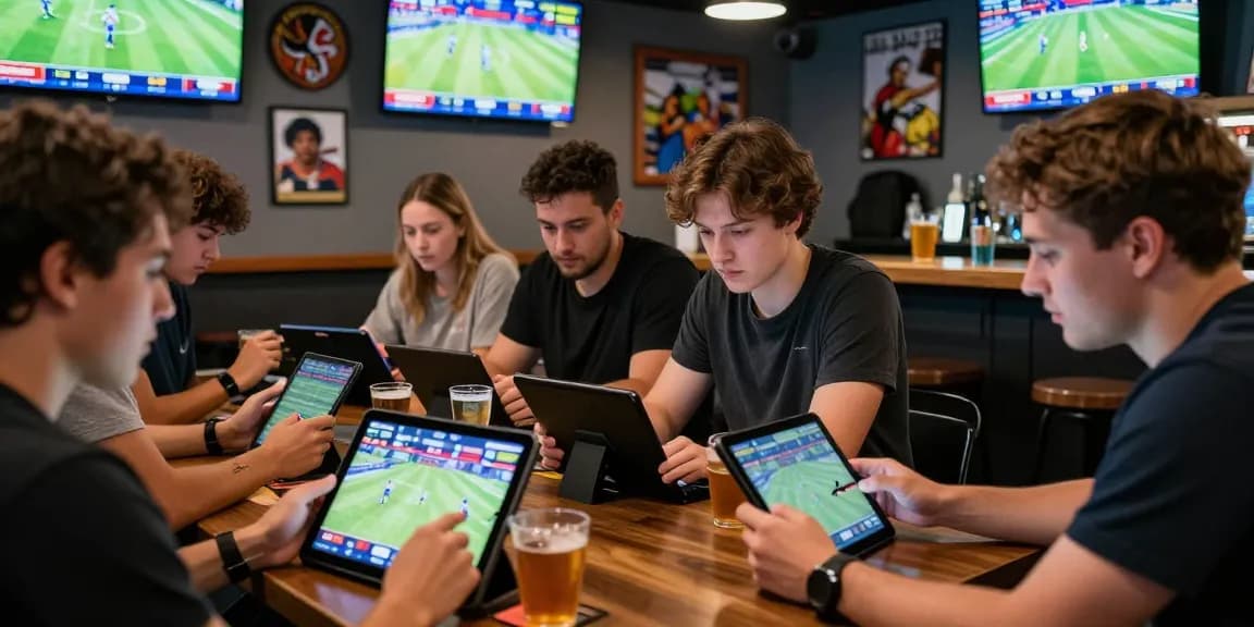 Exciting scene of bettors analyzing Prediksi Bola Malam Ini in a lively sports lounge.