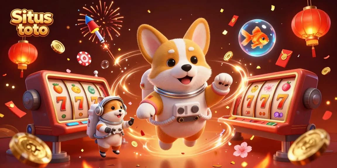 Situs toto offers an exciting gaming experience with 3D illustrations featuring floating poker chips and characters in a vibrant casino.