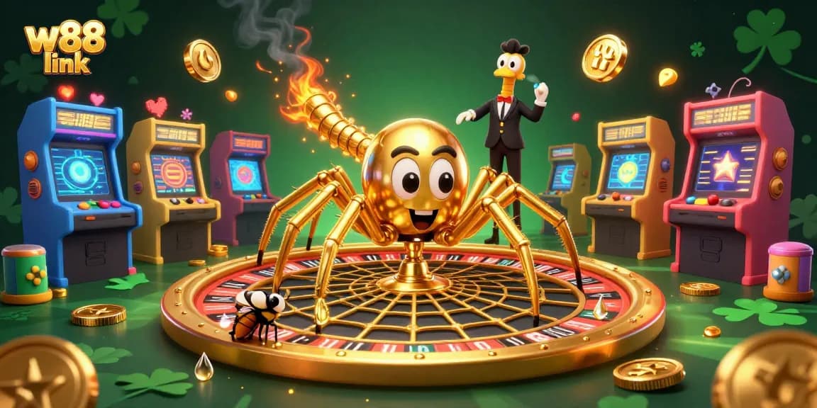 Place bets safely using the w88 link in this vibrant casino-themed illustration.