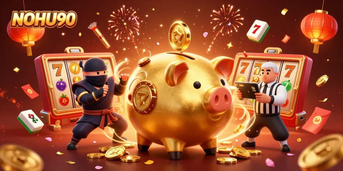 Spin to win with NOHU90's exciting slots and thrilling gaming action captured in a vibrant illustration.