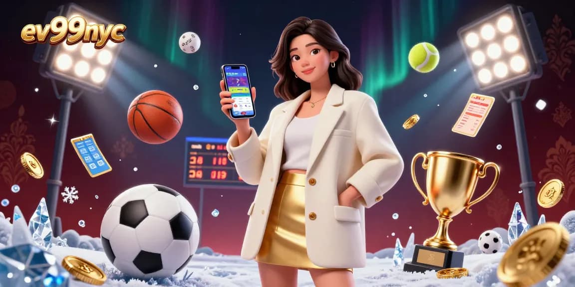 Bet on sports with ev99nyc, a vibrant illustration featuring an Asian woman with a betting app surrounded by 3D sports elements.