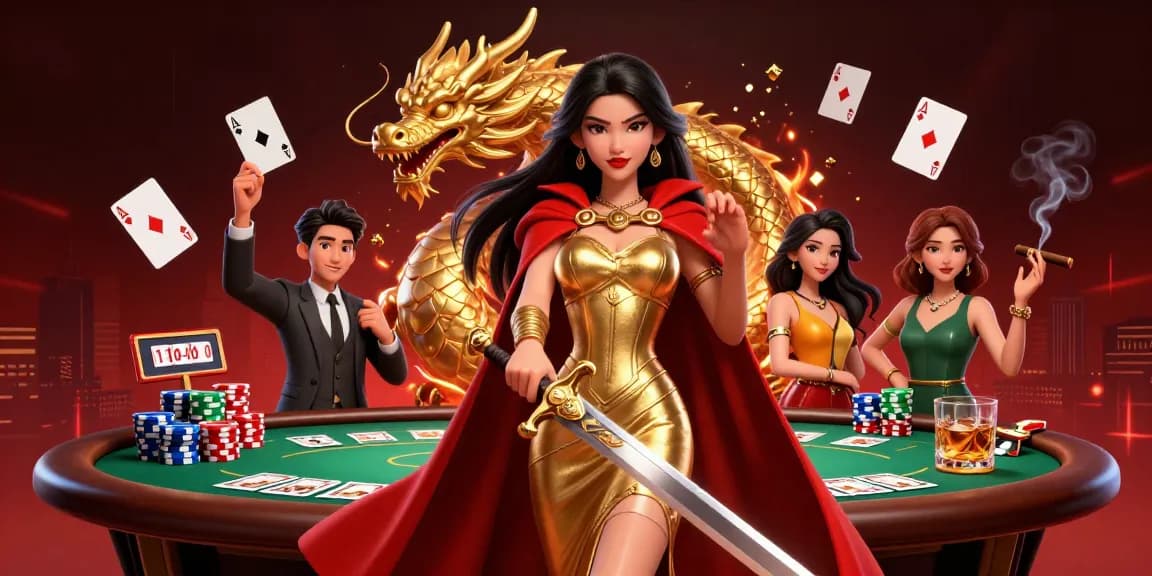 Experience thrilling action with 789Club in a vibrant 3D casino illustration showcasing poker elements and a warrior queen.