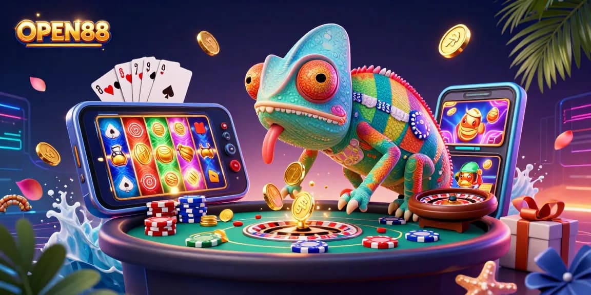 Experience the vibrant casino world of OPEN88 with lively game elements and colorful characters!