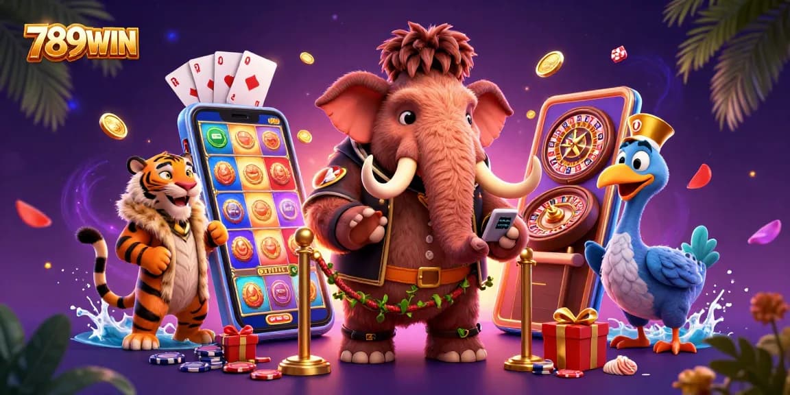 Experience the excitement of 789WIN with dynamic casino characters in an engaging illustration.