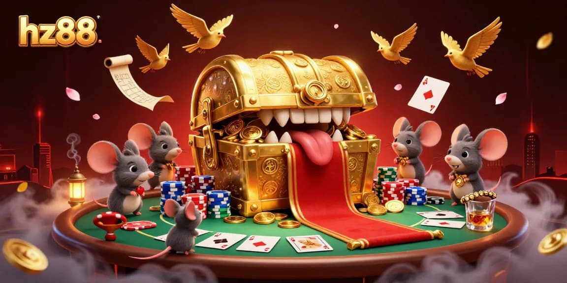 Engage in exhilarating gameplay at hz88 with a vibrant scene of treasures, poker elements, and thrilling casino atmosphere.
