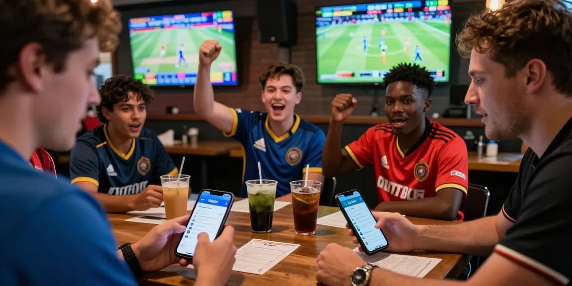 Engaged players at a sports bar checking Velki Login during live cricket and football games.